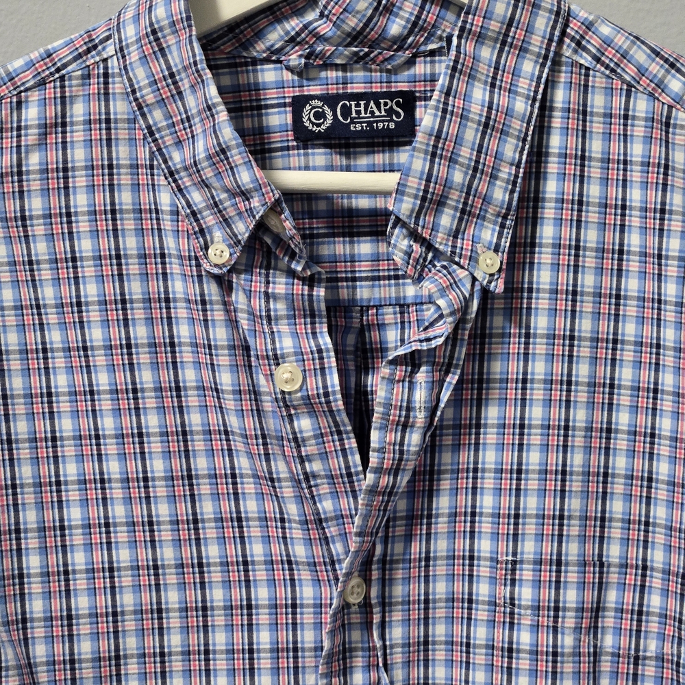 Chaps Mens Blue Pink Long Sleeve Button Down Shirt Size L Casual Light Weight